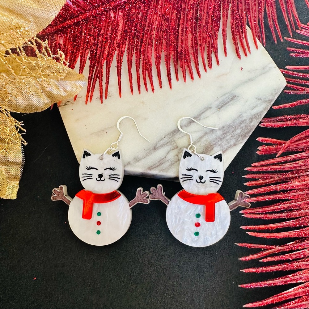 Festive Cat Snowman Earrings winter Holiday Gifts